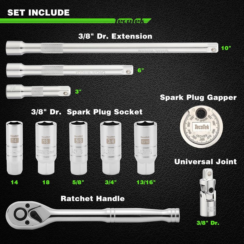 TecoTek 11-Piece Spark Plug Socket Set with 3/8" Drive Ratchet Handle, Spark Plug Gapper, Universal Joint and Extension Bar, 5/8", 3/4", 13/16", 14mm, 18mm, CR-V Sockets with Rubber Retaining Rings - Image 2